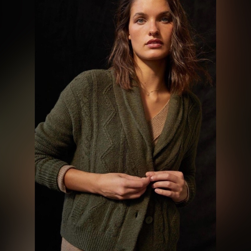 Anthropologie Pilcro Cropped Collared Cable Knit Cardigan Green Sweater M #1975